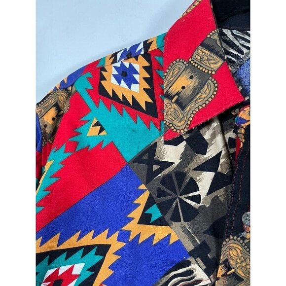 Wrangler Shirt L Red Western Cowboy Military Floral Tropical Resort Mature 80s - Picture 8 of 12